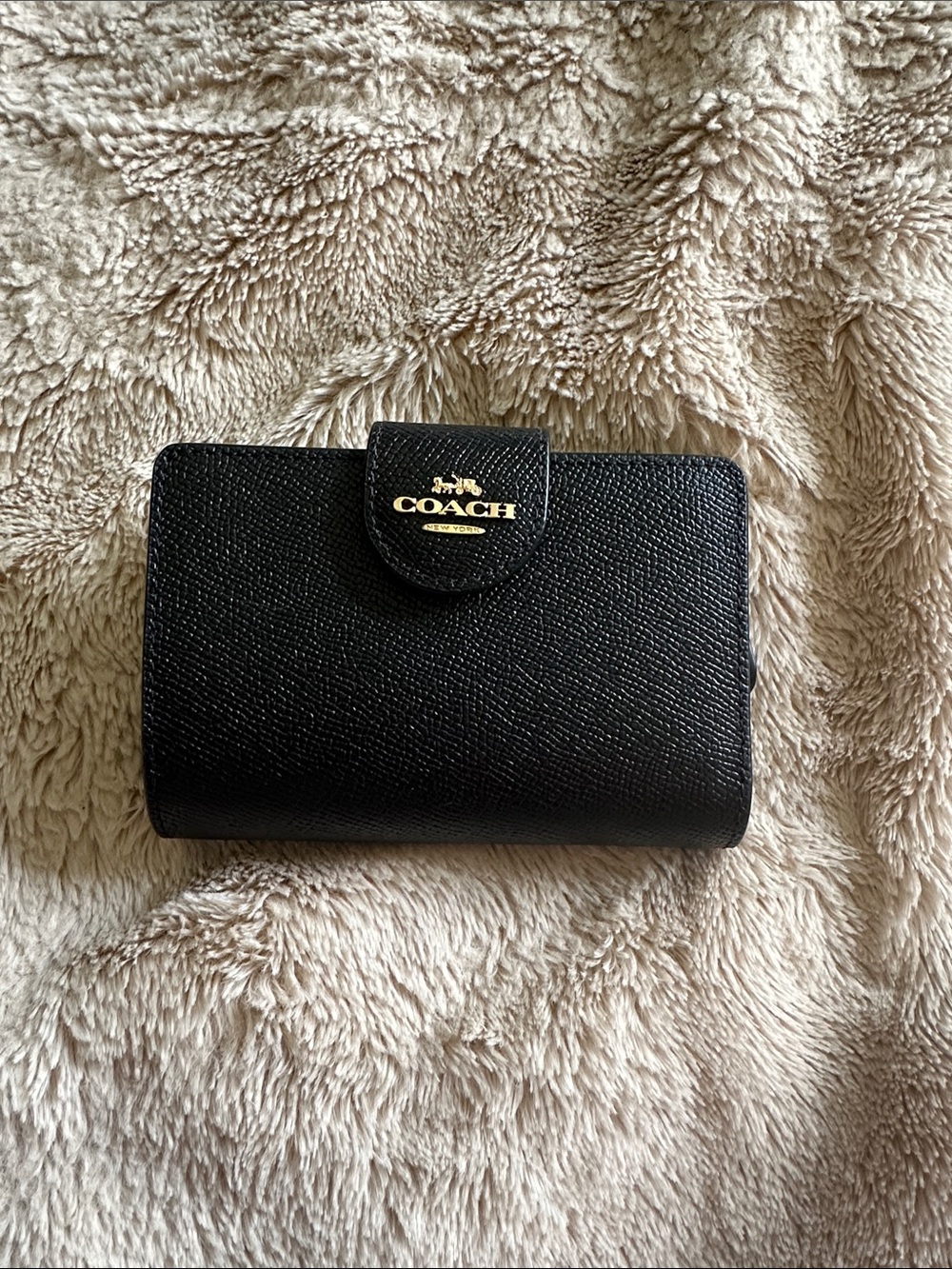 Coach Black Leather Compact Wallet with Gold Logo